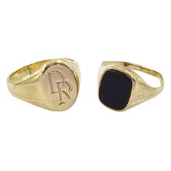 Gold monogrammed signet ring and a gold onyx signet ring, both hallmarked 9ct