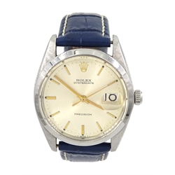Rolex Oysterdate Precision gentleman's manual wind stainless steel wristwatch, model No. 6694, serial No. 1143913, calibre 1215, on blue leather strap