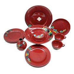 Poole Pottery 'Odyssey' pattern table ware comprising a large circular plate, fruit bowl D31.5cm, small vase, lidded box and cover, two teacups, set of eight plates and side plate 