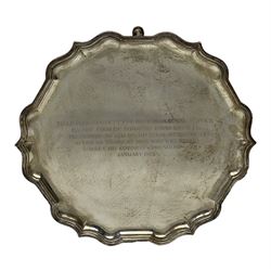 George VI silver salver with presentation inscription, of lobed form with three hoof feet,  D26cm 