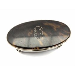 Silver oval dressing table box with tortoiseshell hinged lid L11cm London 1911 Maker Collett and Anderson and a silver and ivory letter opener or page turner L33cm Chester 1895 Maker William Neale 