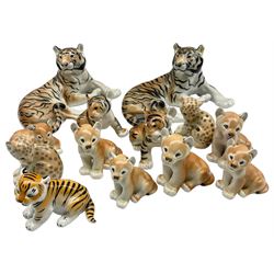 USSR Lomonosov models of reclining tigers together with further models of big cat cubs max W30(13)