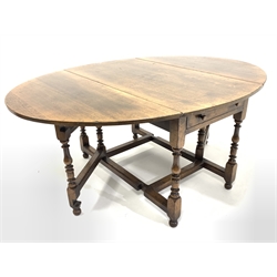  Very large oak Titchmarsh & Goodwin style drop leaf eight seater dining table with drawer to each end, 180cm x 130cm, H76cm  