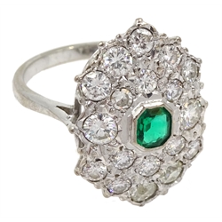 White gold Zambian emerald and diamond cluster ring, stamped 18ct, total diamond weight approx 3.30 carat