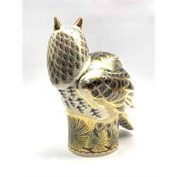 Large Royal Crown Derby 'Long Eared Owl' limited edition paperweight modelled by Donald Brindley with gilt signatures, gold stopper and backstamp No. 213/300 boxed and with certificate H27cm 