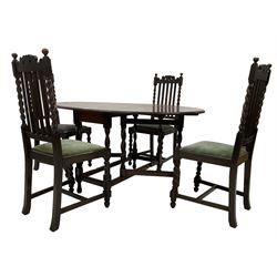Early 20th century oak drop leaf gate leg dining table with spiral turned supports (143cm x 106cm H74cm), and set four early 20th century oak chairs, scroll pediment over moulded slat and spiral turned back with drop in upholstered seat pads, raised on spiral turned front (47cm x 46cm x H106cm)
