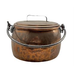 18th century oval copper cooking pot with wrought iron handle, seamed body and associated cover, L43cm