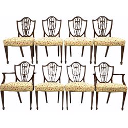 Set eight (6+2) early 20th century Hepplewhite style mahogany dining chairs, shield backs with pierced splat over upholstered seat, raised on square tapering supports with peg feet W62cm