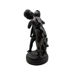 20th century bronze group of a young girl and boy, the girl holding a bouquet of flowers, H45cm