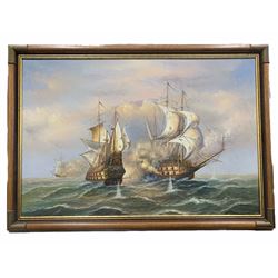 J Harvey (British 20th century): Man o' War Naval Battle, oil on canvas signed 60cm x 90cm