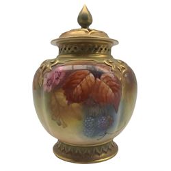 Early 20th century Royal Worcester pot pourri vase and cover by Kitty Blake, of quatrelobed form hand painted with autumnal leaves and berries, faintly signed Kitty, with green printed marks beneath including shape number 278, and date code for 1910, H13.5cm