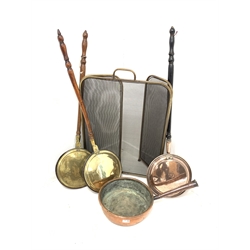 Victorian copper pan D32cm, three engraved brass warming pans and a brass and wire mesh folding spark guard