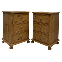 Pair waxed pine bedside chests, fitted with three drawers, raised on turned bun feet 