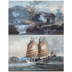 Cantonese School (19th century): Ship at Full Sale and Figures by Waterfall Cottage, pair oils on card unsigned, housed in matching birds eye maple frames 10cm x 16cm