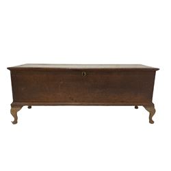 19th century and later oak blanket box, hinged top raised on cabriole supports W120cm, H50cm, D39cm