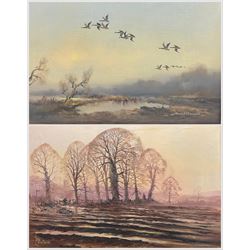Howard Devonald (British 1944-): Geese in Flight over Marshland, oil on canvas signed 35cm x 45cm; Tony Shorthouse (British 20th century): Winter Morning, oil on canvas signed 50cm x 75cm (2)