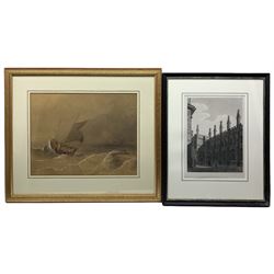 English School (19th century): Sailing Ship in Choppy Seas, watercolour unsigned together with a lithograph of 'North Front of the Divinity School' max 34cm x 44cm (2)