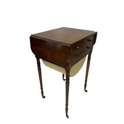 William IV mahogany drop leaf work table, with two frieze drawers and one storage box beneath, raised on turned supports, terminating in brass castors 