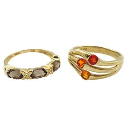 Gold smokey quartz and diamond ring, stamped 10K and a 9ct gold three stone fire opal ring, hallmarked