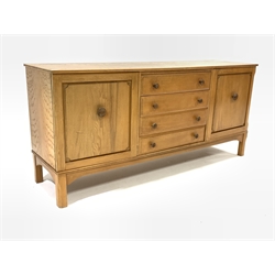 Vintage elm dresser, with a bank of four drawers flanked by two panelled cupboards, raised on square supports, W170cm, H77cm, D49cm