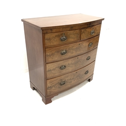 Victorian mahogany bow front chest, fitted with two short and three long graduated drawers, raised on shaped bracket supports, W106cm, H112cm, D56cm