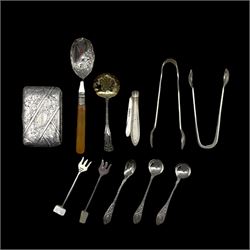 Pair of Victorian silver salt spoons and matching mustard spoon Sheffield 1897, Victorian aesthetic white metal cigarette case engraved with buildings and flowers 8cm x 5cm, silver sifting spoon with gilded bowl, silver and mother of pearl fruit knife, two pairs of silver sugar tongs etc