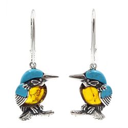 Pair of silver amber and turquoise kingfisher pendant earrings, stamped 925