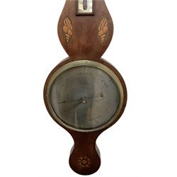 Early 19th century  - Inlaid mahogany Sheraton mercury barometer with a silvered register and spirit thermometer,  register signed  Porrie,  Leicester, syphon tube intact and mercury present.