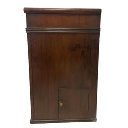 Regency period figured mahogany twin-pedestal sideboard, fitted with to drawers over reeded edge, fitted with two panelled cupboards with rear pot cupboard to the right, with all-over satinwood banding