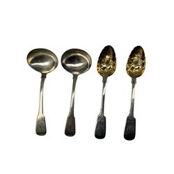 Pair of George III silver fiddle pattern sauce ladles London 1808 Maker Richard Crossley and George Smith and a pair of silver dessert spoons with later decoration, gilded berry bowls and engraved stems London1831 Maker William Eaton 6.5oz