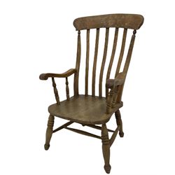 Victorian farmhouse chair, the shaped cresting rail over slat back, leading into elm seat, raised on turned supports united by an H stretcher 