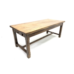 19th century style French oak farmhouse table, rectangular over drawer to each end, raised on square chamfered supports united by stretcher, fully pegged construction, 200cm x 88cm, H78cm