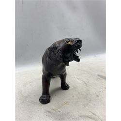 Early 20th century Japanese bronze model of a snarling tiger, with glass eyes and brown & red patina L42.5cm