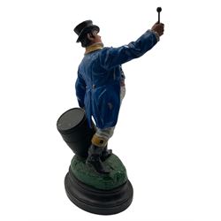 Vintage painted spelter Mortegg advertising figure, modelled as John Bull standing by a barrel of Mortegg insecticide, on oval ebonised base, H35cm 