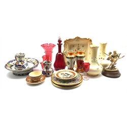 Pair of graduation Victorian Mason's Ironstone jugs, assorted cranberry glass, 19th century Japanese Satsuma tea cup & saucer, pair of Crown Devon blush ivory vases and other ceramics and glassware 