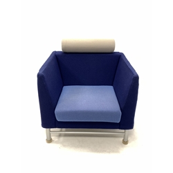 Ettore Sottsass (founder of Milano Memphis) for Knoll - Postmodern Eastside armchair, upholstered in blue and cream, raised on tubular grey supports