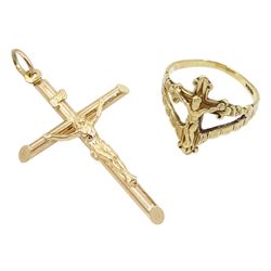 Gold cross pendant and gold cross ring, both hallmarked 9ct