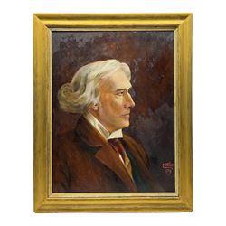 CW Waller (British Early-20th century): Portrait of 'Henry Irving - the Famous Actor', oil on board in the style of Jacob Kramer, signed, titled and dated 1906 verso, 59cm x 45cm