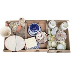 Masons Mandalay pedestal bowl, vintage hat box, Italian pottery, pair of Coalport vases etc in three boxes