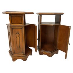 Pair hardwood hexagonal two-tier bedside cabinets, fitted with single hinged door with panelled sides and moulded decoration