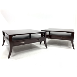 Pair of contemporary mahogany coffee tables, each with two tiers, two drawer and raised on splayed supports 
