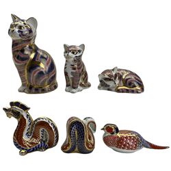 Royal Crown Derby Dragon paperweight, gold stopper, another of a Snake, gold stopper and four others with silver stoppers, Pheasant and three Cats (6)