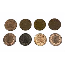 Eight Queen Victoria States of Jersey 1/26 of a shilling coins, dated two 1841, two 1844, two 1851,1858 and  1861 (8)