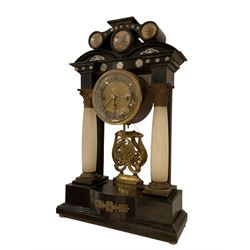 Austrian - mid-19th century 30hr Viennese mantle clock, in an ebonised case with shaped pediment, alabaster columns and cast brass capitals, three train spring driven movement sounding the quarters and hours on two gongs with pull repeat, gilt dial centre with a silver chapter ring inscribed with Arabic numerals and days of the month, with steel moon hands and a contrasting centre sweep date recording hand. With pendulum. 