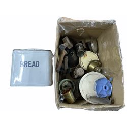 Vintage enamel bread bin, H32cm brass oil lamp, pewter tankard, various oil lamps etc in one box