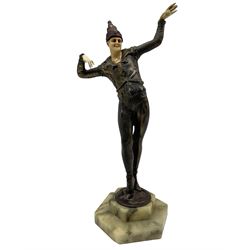 Art Deco style bronzed figure of a clown mounted on an onyx plinth, after Paul Phillipe H32cm