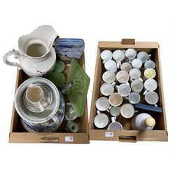 Commemorative mugs, Wedgwood Jasperware, green frosted glass dressing table tray, Bell's whisky decanter etc in two boxes