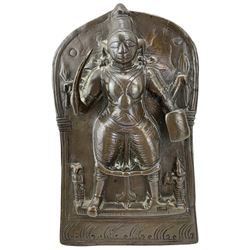19th century indian plaque depicting the Hindu God Virabhadra, H19cm together with a Eastern brass vessel or water dropper, formed as an ox or buffalo, with inscription L14cm (2)