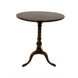 Late George III mahogany circular tilt-top occasional table, turned column support with three splayed cabriole feet