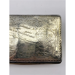 Rare George III silver rectangular box, the hinged cover engraved with a plan of the battle of Talavera showing the position of the British, French and Spanish forces, the sides of the box engraved with a key to the plan, the base engraved with a crest and motto with a gilded interior 10.5cm x 7cm x 3cm London 1814 Maker Thomas Phipps, Edward Robinson and James Phipps 9.3oz 